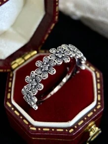 1PC Rhinestone Flower Ring With Rhinestones With Rhinestones Wedding Band For Women Girls Promise Ring Eternity Ring Fine Ladies Jewelry Gift Valentines - Flowers - View 2