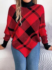 Christmas Rhombus Color Block High Collar Pullover Poncho Sweater, Autumn/Winter - Red - View 1