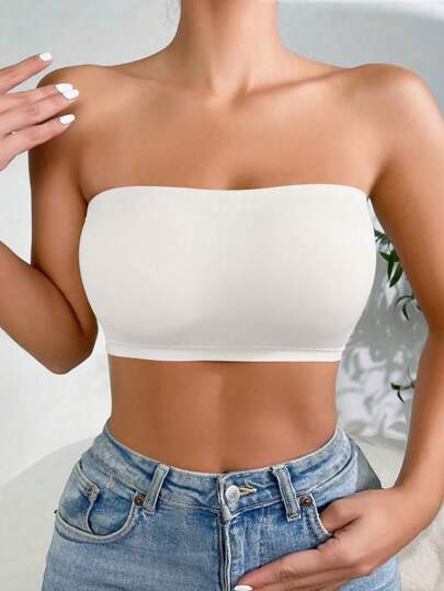 1pc High Elastic Lightweight Solid Color Strapless Wrap Style Seamless Breathable Modesty Camisole, White