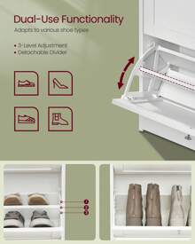 VASAGLE Shoe Cabinet With 3 Flip Drawers, Shoe Storage Cabinet, Adjustable And Removable Dividers, Holds Up To 18 Pairs Of Shoes, Entryway, 9.4 X 23.6 X 42.5 Inches - trắng - Xem 3