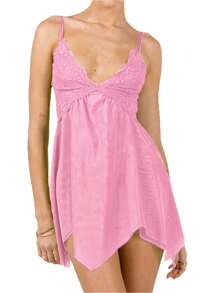 Women Lace Nightdress Lingerie Mesh See-Through V-Neck Sleeveless Sling Sleepwear Dress Irregular Hem Backless Underwear