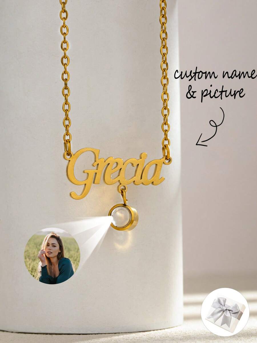 1 chiếc vòng cổ tên tùy chỉnh có đá chiếu, vòng cổ tên ảnh chiếu cá nhân, vòng cổ tên ảnh bằng thép không gỉ quà tặng cho cô ấy, quà kỷ niệm, quà tặng ngày lễ tình nhân, quà tặng ngày của mẹ, quà tặng giáng sinh, quà tặng sinh nhật - Vàng - Xem 1