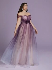 Chiếc váy phù dâu cỡ lớn thanh lịch này có thiết kế trễ vai với tay áo ngắn bằng vải chiffon, dáng dài thướt tha, cùng các chi tiết thêu và lưới lãng mạn toát lên vẻ quyến rũ. - Màu tím - Xem 4