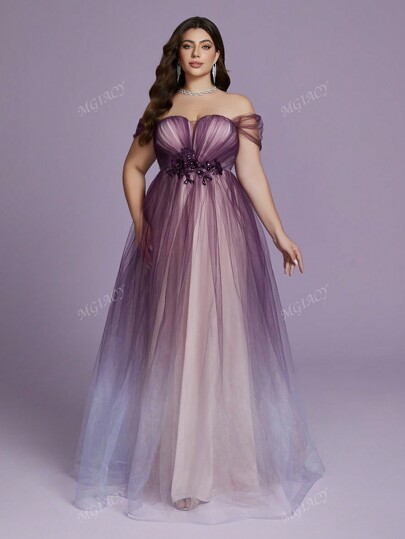 Mgiacy Plus Size V-Neck Off Shoulder Waist Applique Ombre Mesh Flared Bridesmaid Maxi Dress