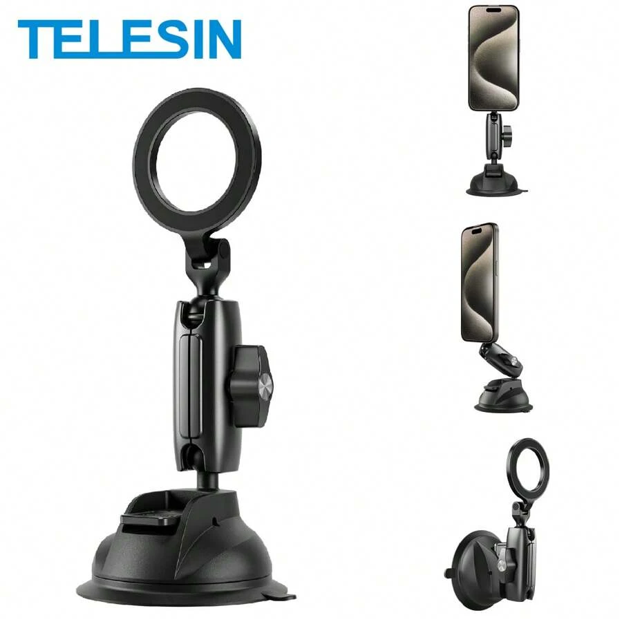 TELESIN Giá đỡ điện thoại trên ô tô bằng nhôm hút từ tính để quay video, Giá đỡ điện thoại trên ô tô có thể điều chỉnh 360 độ, Giá đỡ điện thoại trên bảng điều khiển cho Magsafe, Giá đỡ thông gió trên cửa sổ kính chắn gió tương thích với iPhone Android