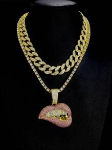 男士鑽石水滴唇吊墜項鍊,朋克和嘻哈風格,適用於珠寶禮物和聚會 - 彩色 - 查看 21