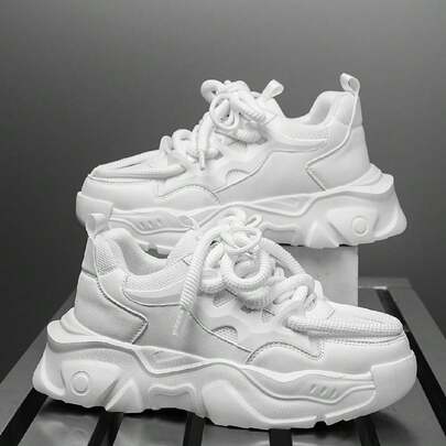 男士纯色拼接粗鞋带设计轻便时尚休闲运动鞋，时尚百搭户外运动舒适小白鞋