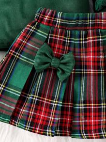 3 件套女婴绿色泡泡袖上衣、双蝴蝶结格子裙和帽子，休闲日常穿着和表演装 - 綠色 - 查看 8