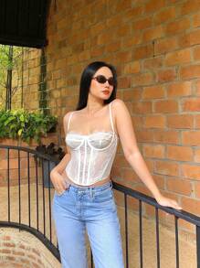 1pc Cute Lace Mesh Camisole, Suitable For Women's Outings, Dates, Nights Out, Party & Clubwear - White - View 3