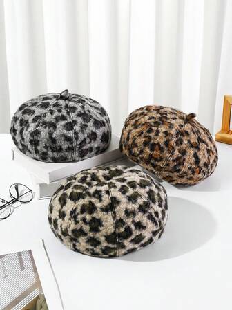 1 pieza Boina de lana con estampado de leopardo de piel sintética vintage y de moda para mujer, apta para otoño/invierno, favorecedora y versátil