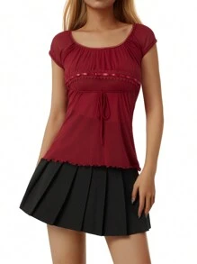 Y2K Fairy Grunge Crop Top For Women Short Sleeve Lace Patchwork T-Shirt Aesthetic Slim Fit Cute Babydoll Top Tees - 紅色 - 查看 3