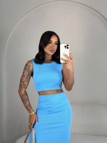 Anthonela Set, Women's Skirt And Cropped Set, With Detail And Tie At The Back, High Waist, Shaping Effect With Side Slits, Thick Ribbed, High Elasticity, Foreign Fashion Style Blogger Set - 淺藍色 - 查看 3