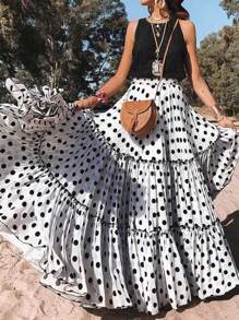 Vacation Outfits Woman Fashionable Elegant Vacation Romantic Layered Clashing Polka Dot Wooden Ear Trim Women's Halter Skirt - 白色 - 查看 1