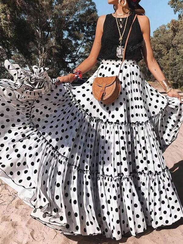 Vacation Outfits Woman Fashionable Elegant Vacation Romantic Layered Clashing Polka Dot Wooden Ear Trim Women's Halter Skirt