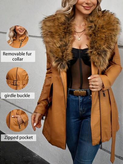 Giolshon 女士 PU 夹克，带可拆卸仿皮草领，秋冬保暖