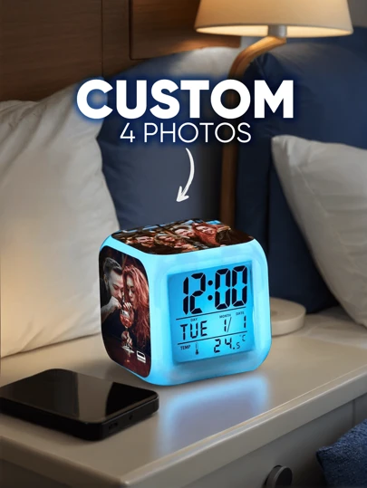 1 pieza Reloj despertador personalizado con foto y luces LED de colores - Regalo personalizado para él, ella, parejas, novio, novia, esposo, esposa, padres, jóvenes, mejores amigos - Perfecto para decoración de dormitorio, Día de San Valentín, Día de la Madre, Día del Padre, cumpleaños, aniversarios, bodas, graduación, Acción de Gracias - Regalo de decoración del hogar único para familiares y seres queridos, Día de San Valentín, Decoración de Día de San Valentín, Decoración navideña, para inauguración de casa