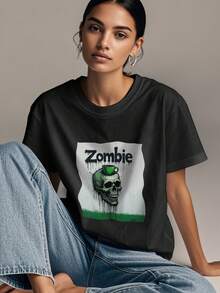 Women's Print Short Sleeve T-Shirt, Black & White Shirt, 180gsm Shirt, Crew Neck Short Sleeve T-Shirt, Breathable & Comfortable Casual Sports Fitness Tee, Casual Vintage Style, Suitable For Summer, Beach Holiday Crew Neck Short Sleeve Casual T-Shirt, Summer Tee - Black - View 3