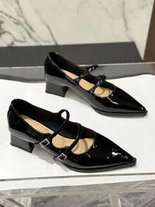 Giày Mary Jane da bóng mũi nhọn gót dày mùa xuân mới 2024 dành cho nữ, đa năng và thanh lịch - màu đen - Xem 3