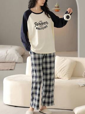 2pcs/Set Women's Colorblock Letter Print Round Neck Long Sleeve Top And Plaid Pants Loungewear, Two Pieces Set, Fall Clothes