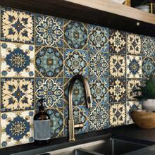 10pcs Floral Pattern Faux Ceramic Tile Wall Stickers, Vintage PVC Self-Adhesive Removable Flat Wall Paper, Suitable For Home, Kitchen, Room, Wall Decor - Multicolor - View 2