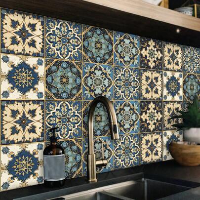 10 st. väggklistermärken med blommönster och konstgjorda keramiska plattor, självhäftande, avtagbar, platt tapet i vintage-PVC, lämplig för hem, kök, rum, väggdekor