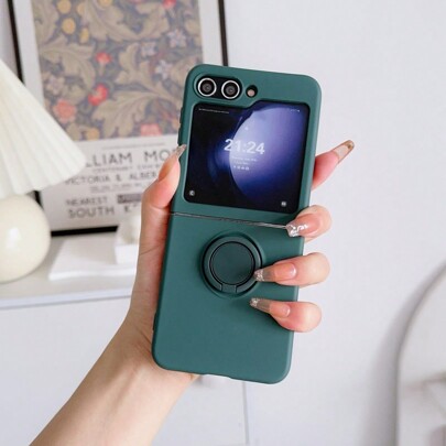Apple 1pc Luxury Full-Coverage Liquid Silicone Protective Case With Soft Velvet Lining And Built-In Grip Ring Stand, Compatible With Samsung Z Flip 3/4/5/6 Waterproof Shockproof Anti-Fall Scratch Resistant