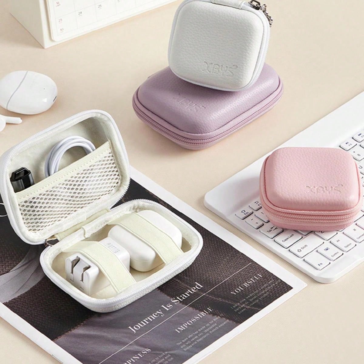 1PC Square/Long Data Cable Storage Bag, Digital Charger Protective Case, Storage Bag Single Color Data Cable Storage Bag, Headphone Charger Digital Accessory Storage For Cultural Relics, Anti Drop Multifunctional Zipper Storage Box, Portable Large Capacity Travel And Outdoor Organization Bag