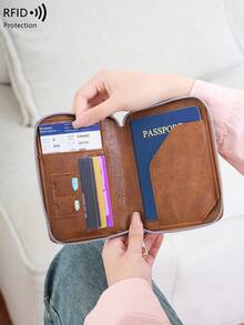 Ví đựng hộ chiếu RFID nước ngoài mới có khóa kéo đựng vé, thiết kế đơn giản cho nam và nữ, vật dụng thiết yếu khi đi du lịch, tập luyện, cắm trại, ngày lễ, phụ kiện đi nghỉ, phụ kiện du lịch, bao đựng hộ chiếu khi đi du ngoạn - màu nâu - Xem 4