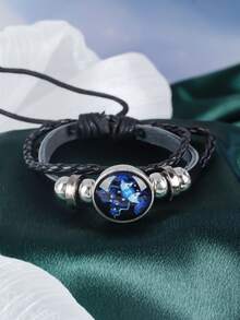 1 件时尚情侣手链，12 星座多层编织夜光朋克皮革星空手链 - 黑色 - 查看 15