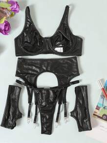 Mystic 4 Pcs Sexy Lingerie / Faux Leather Punk Goth Garter Set With Cut-Out Push-Up Bra And Thong Panties For Women's, & 1pair Leg Ring - Black - View 8