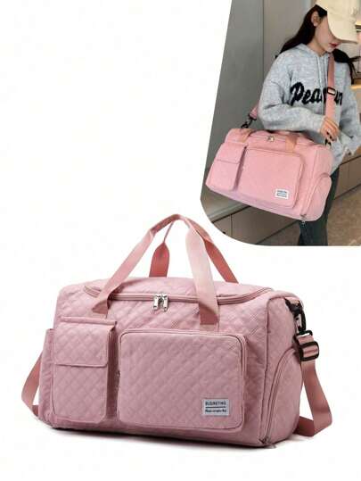 1pc Women's New Multifunctional Travel Bag Handbag Shoulder Bag Tote Bag Gym Bag Overnight Bag With Shoe Compartment, Large Capacity, Adjustable, Lightweight, Zipper, Suitable For Outdoor, Business, School, Vacation, Gift, Solid Color, Fashion, Casual, Sports, Cute, Elegant Quilted Design, Suitable For College Students, Office Workers, Back To School Accessories, Travel Essentials, Pink