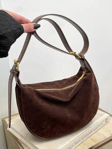 秋冬季女士纯色绒面斜挎包，复古时尚手提包，配有可调节肩带和拉链开合，适合日常外出、约会、通勤、度假、户外、送礼 - 咖啡棕 - 查看 5