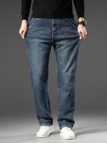 Men's Warm Padded Stretch Jeans, Loose Casual Fleece Jeans, Straight Mid-Waist Fashionable Versatile Jeans, Suitable For Daily, Outdoor - 燧石 - 查看 3
