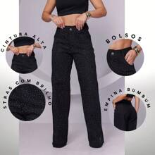 LENIS SOUZA Women's Wide Leg Jeans With Shiny Party Fashion - 黑色 - 查看 2