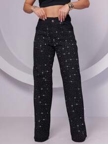 LENIS SOUZA Women's Wide Leg Jeans With Shiny Party Fashion - 黑色 - 查看 1