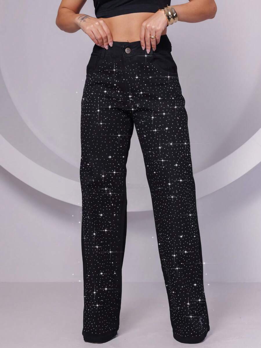 LENIS SOUZA Women's Wide Leg Jeans With Shiny Party Fashion - 黑色 - 查看 1