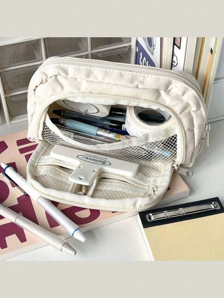 Nueva caja de gran capacidad con tapa abatible y múltiples capas para almacenamiento de artículos de papelería - Blanco - Añade 3