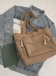 Túi tote đeo vai cỡ lớn, chất liệu nhung kẻ, màu trơn, trang trí chữ cái, nhiều ngăn, quà tặng Ngày của Mẹ, có thể gấp gọn, phù hợp cho trường học, công sở, du lịch, sinh viên tốt nghiệp, thanh thiếu niên, học sinh, nhiều ngăn, hoàn hảo cho bãi biển, trường học, công việc và sử dụng hàng ngày. - Màu Khaki - Xem 7