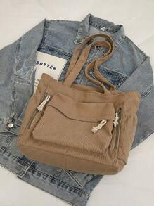 Túi tote đeo vai cỡ lớn, chất liệu nhung kẻ, màu trơn, trang trí chữ cái, nhiều ngăn, quà tặng Ngày của Mẹ, có thể gấp gọn, phù hợp cho trường học, công sở, du lịch, sinh viên tốt nghiệp, thanh thiếu niên, học sinh, nhiều ngăn, hoàn hảo cho bãi biển, trường học, công việc và sử dụng hàng ngày. - Màu Khaki - Xem 8