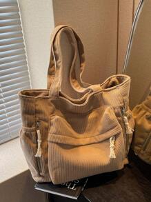 Túi tote đeo vai cỡ lớn, chất liệu nhung kẻ, màu trơn, trang trí chữ cái, nhiều ngăn, quà tặng Ngày của Mẹ, có thể gấp gọn, phù hợp cho trường học, công sở, du lịch, sinh viên tốt nghiệp, thanh thiếu niên, học sinh, nhiều ngăn, hoàn hảo cho bãi biển, trường học, công việc và sử dụng hàng ngày. - Màu Khaki - Xem 5