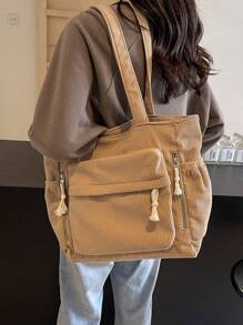 Túi tote đeo vai cỡ lớn, chất liệu nhung kẻ, màu trơn, trang trí chữ cái, nhiều ngăn, quà tặng Ngày của Mẹ, có thể gấp gọn, phù hợp cho trường học, công sở, du lịch, sinh viên tốt nghiệp, thanh thiếu niên, học sinh, nhiều ngăn, hoàn hảo cho bãi biển, trường học, công việc và sử dụng hàng ngày. - Màu Khaki - Xem 4