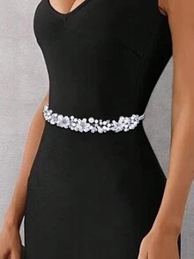 1 件手工珍珠花新娘腰带，优雅适合婚纱和礼服 - 銀色 - 查看 2