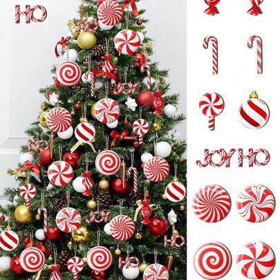 12件套圣诞树装饰套装 - 木质挂饰、糖果、拐杖糖、字母装饰，适用于冬季节日装饰、家庭聚会装饰、圣诞树挂饰、节日派对装饰，是生日、家居装饰、圣诞节装饰、房间装饰、圣诞节装饰、家居圣诞礼物、圣诞装饰的理想之选。