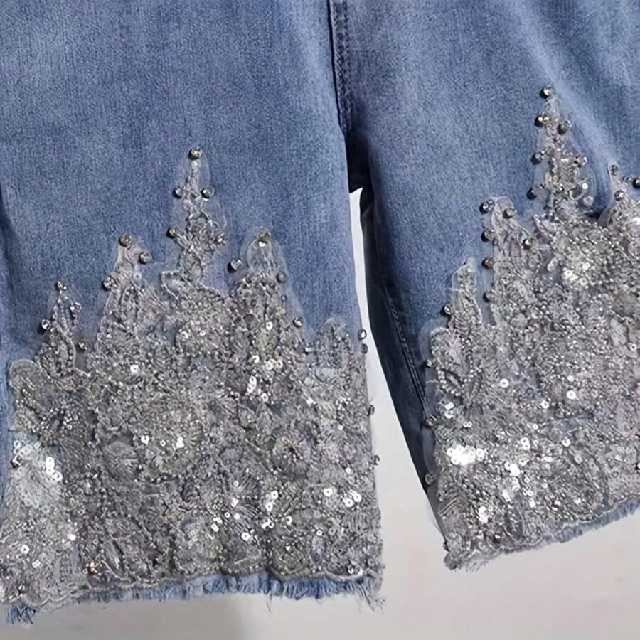 奢华银色和金色亮片和珠饰蕾丝贴花，适用于 DIY 牛仔服装 - 10.24 * 9.25 英寸 - 銀色 - 查看 1