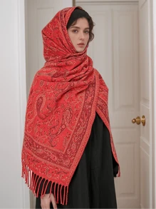 1条经典秋冬女士围巾，优雅复古提花穆斯林头巾，适合日常户外活动保暖 - 紅色 - 查看 2