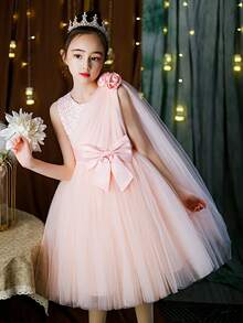 Đầm dự tiệc bằng vải tuyn hoa 3D nơ cho bé gái, Đầm công chúa thanh lịch thích hợp cho tiệc sinh nhật, đám cưới, sự kiện trang trọng, lễ hội - Hồng - Xem 3