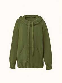 Fall/Winter Casual Patchwork Drawstring Pocket Hooded Collar Top For Women - Army Green - View 2