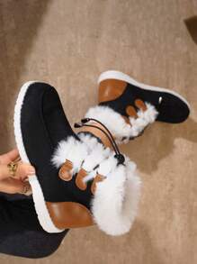 冬季新款保暖时尚棕色长款毛绒厚底一脚蹬女式雪地靴，毛绒内衬黑色休闲户外学生鞋，轻便百搭女士运动鞋 - 黑色 - 查看 1