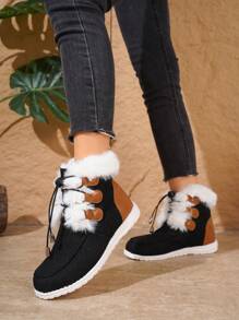 冬季新款保暖时尚棕色长款毛绒厚底一脚蹬女式雪地靴，毛绒内衬黑色休闲户外学生鞋，轻便百搭女士运动鞋 - 黑色 - 查看 2