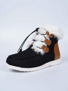 冬季新款保暖时尚棕色长款毛绒厚底一脚蹬女式雪地靴，毛绒内衬黑色休闲户外学生鞋，轻便百搭女士运动鞋 - 黑色 - 查看 9